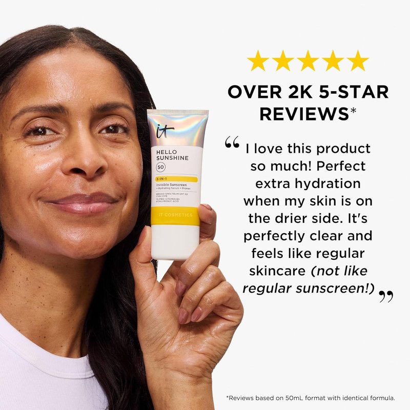IT Cosmetics Hello Sunshine Invisible Sunscreen SPF 50 - Hydrating Face Primer with Pro-Vitamin B5 & Hyaluronic Acid - No White Cast, 1.7 oz
