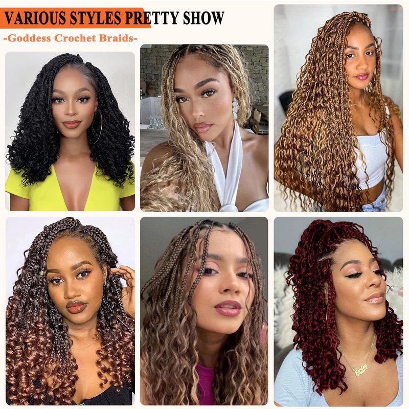 Flagship 9 Packs Goddess Box Braids, 14 Inch Ombre Pre-looped Crochet Braids with Curly Ends, Bohemian Curly Hippie Box Braids - T30