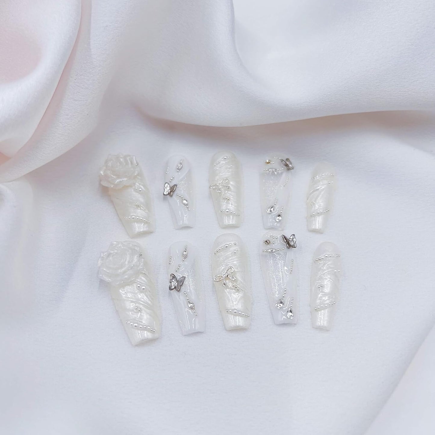 White Wedding 3D Flower Press-On Nails | Reusable Coffin Nails for Women - 20pcs (Pearl Romance, L)
