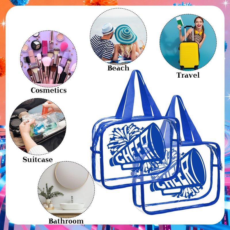 Kacctyen 12 Pcs Cheer Large Clear Toiletry Cosmetic Makeup Bag with Zipper and Handle Cheer Snack Bag Bulk for Team 12 x 9 x 4 Gift Bags Tote Pouch Cheerleading Teammates Party Supplies(Blue)