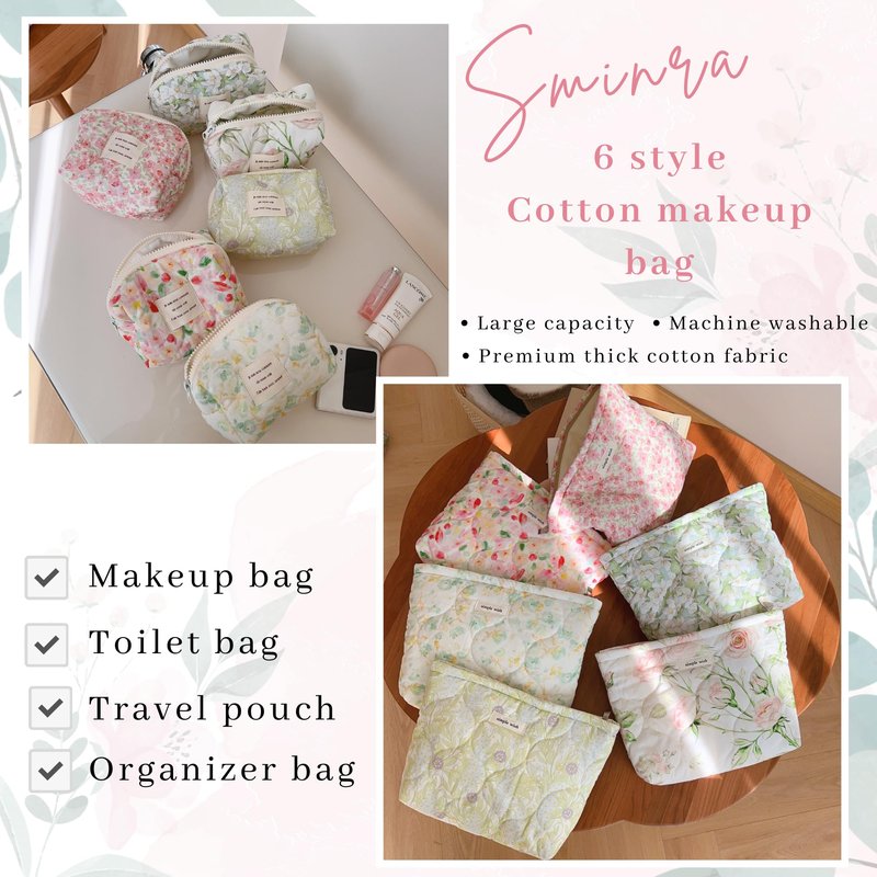 Sminra 2 Pcs Floral Makeup Bag Large Travel Cotton Quilted Cosmetic Makeup Bag Organizer, Cute Coquette Aesthetic Zipper Portable Pouch Purse Storage Toiletry Bag for Women Girls accessories