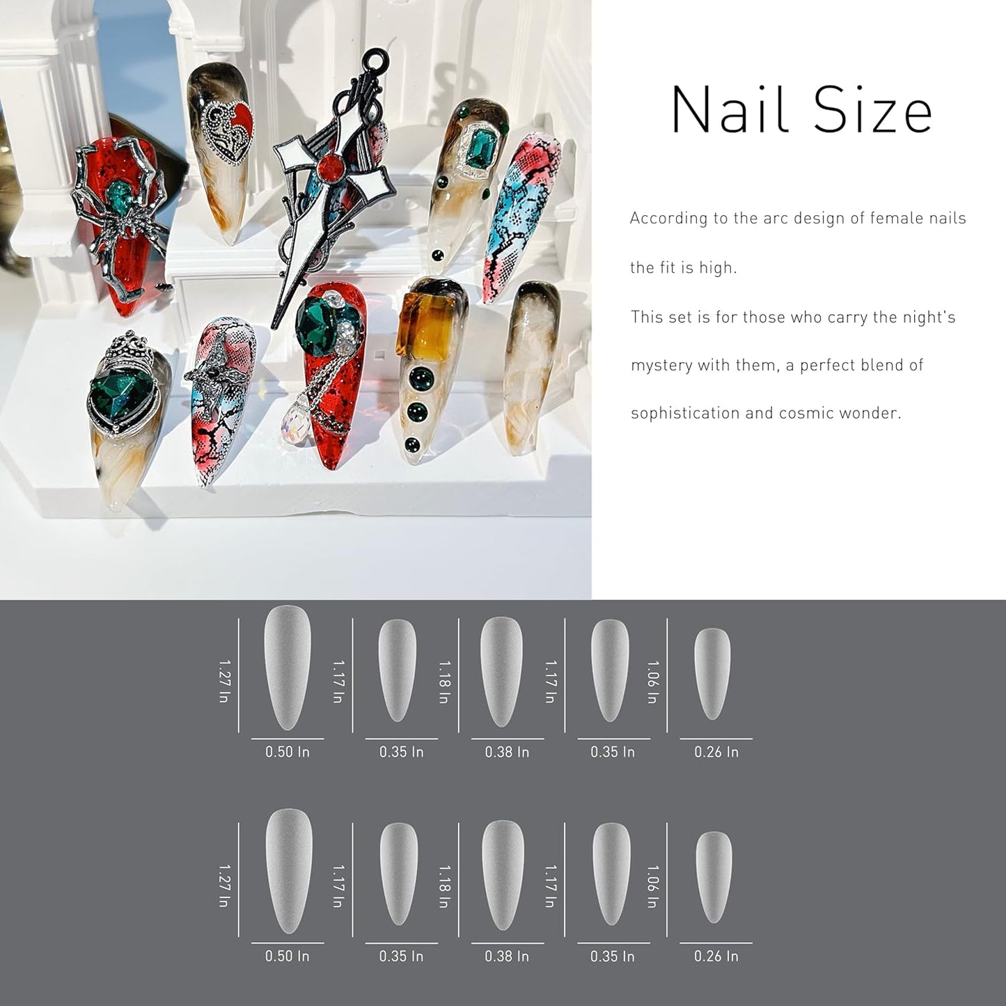 Luxury Handmade Almond Press-On Nails - Reusable Halloween Goth Style (10pcs, Red Spider)