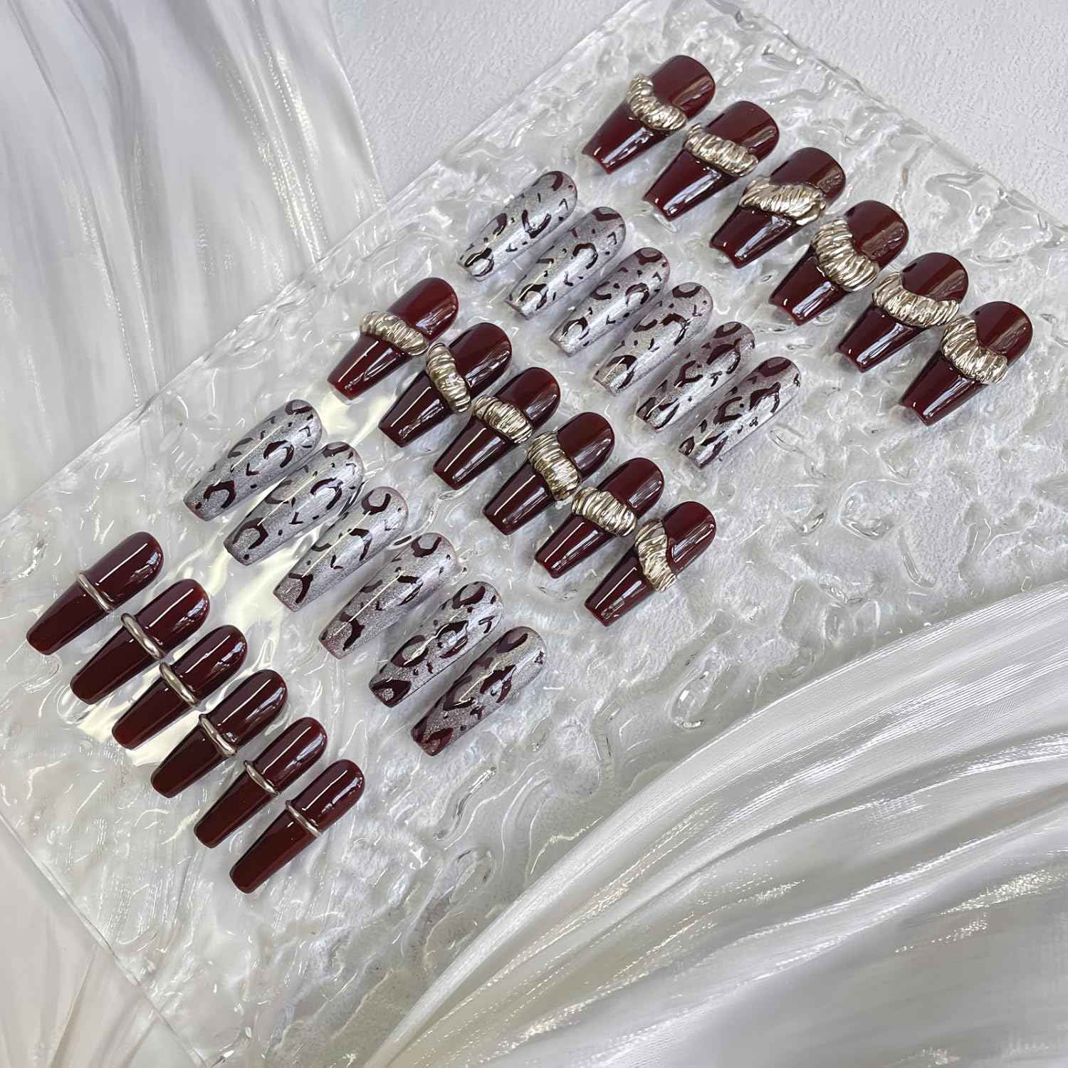 30PCS Luxury Press-On Nails Set – Long Coffin Dark Brown Leopard with Gold Accents – No Measuring Needed, Reusable Kit with Glue & Tools