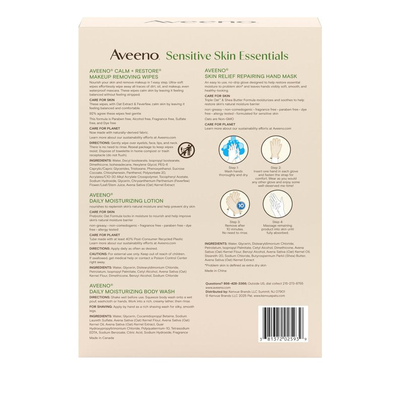 Aveeno Sensitive Skin Essentials Gift Set with Daily Moisturizing Lotion, Moisturizing Body Wash, Calm and Restore Makeup Removing Wipes and Skin Relief Repairing Hand Mask, 4 Items