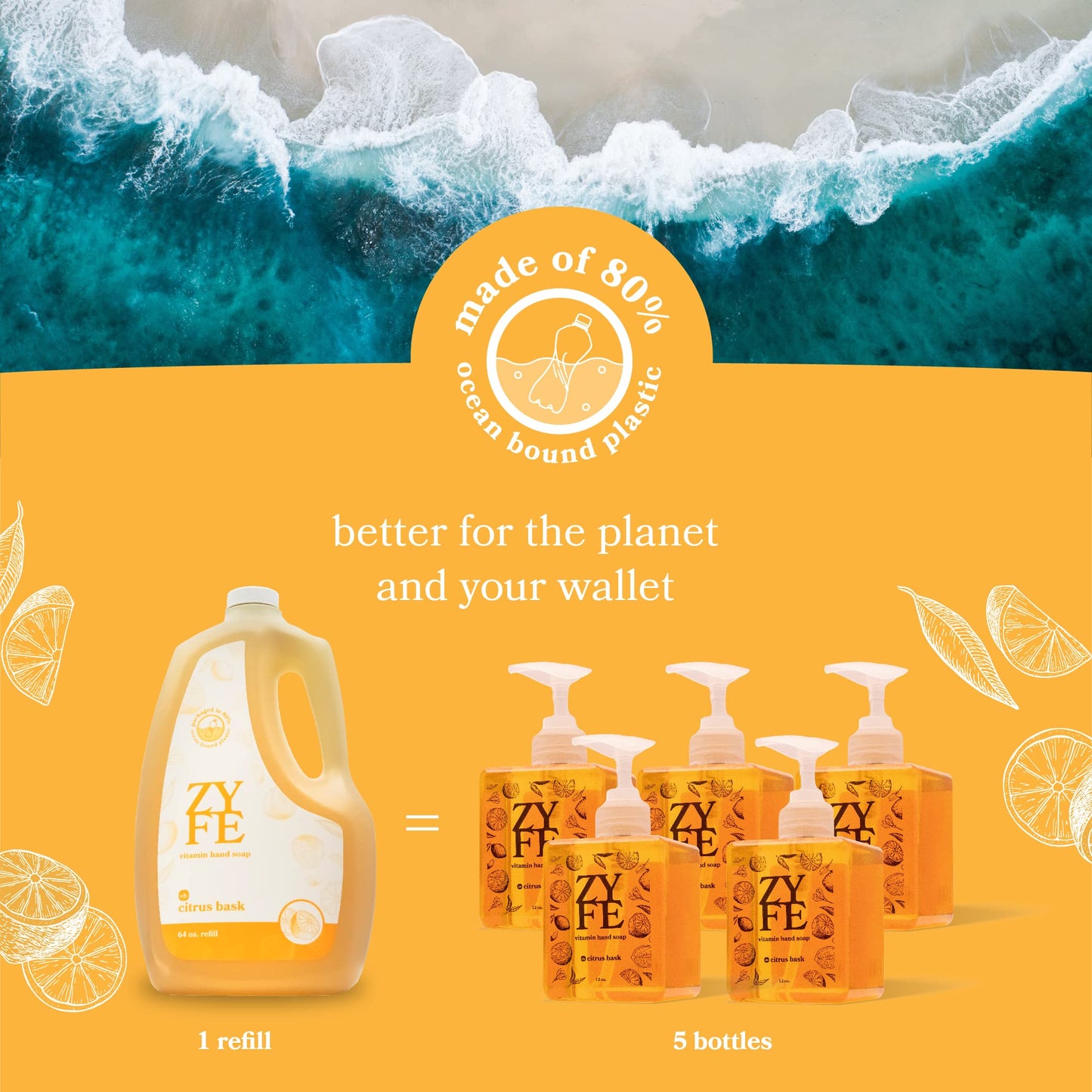 ZYFE Foaming Hand Soap and Dispenser, Natural Moisturizing Hand Wash for Bathroom & Kitchen, Half Gallon Soap Refill with Essential Oil Fragrance in Recycled Bottle, Citrus Handwash, Biodegradable