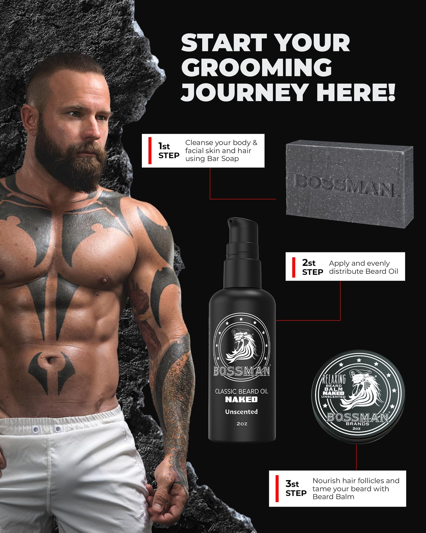 Bossman Starter Beard Kit for Men – Dad Gift for Father's Day, Beard Oil (2 oz), Beard Balm & Bar Soap – Natural & Organic Grooming Kit – Made in the USA Men Gift Set (Naked – Unscented)