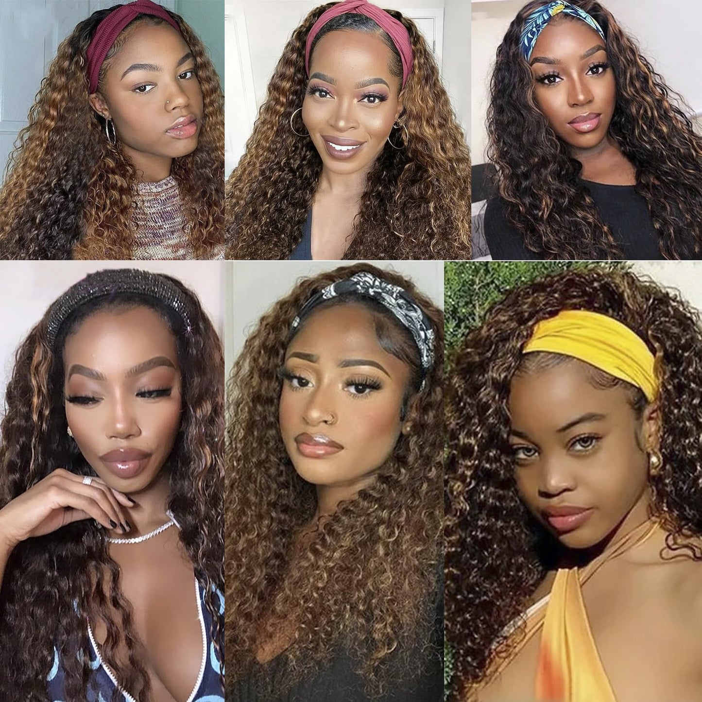 Bellarayine Brazilian Human Hair Headband Wig - Deep Wave, Highlight, Curly, Glueless (14 inch, 4/27 Highlight)