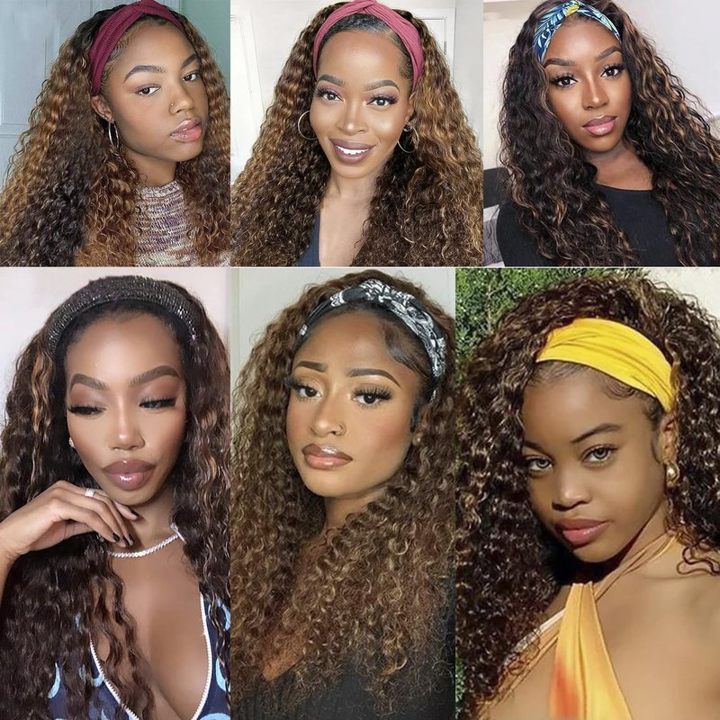 Bellarayine Brazilian Human Hair Headband Wig - Deep Wave, Highlight, Curly, Glueless (14 inch, 4/27 Highlight)