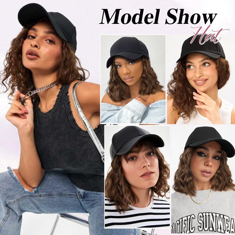 HANYUDIE Hat Wig for Women Wig Cap with Curly Hair Extensions Hat with Hair Wave Adjustable Baseball Cap Wigs