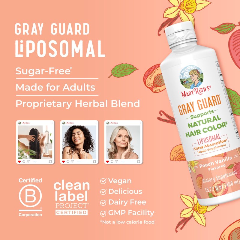MARYRUTH'S Organics Gray Guard Liposomal, Supports Natural Hair Color, with Copper & Pantothenic Acid, Holy Basil & Traditional Herbs, Vitamin E & Vitamin B for Overall Health, Ages 18+, 15.22 Fl oz