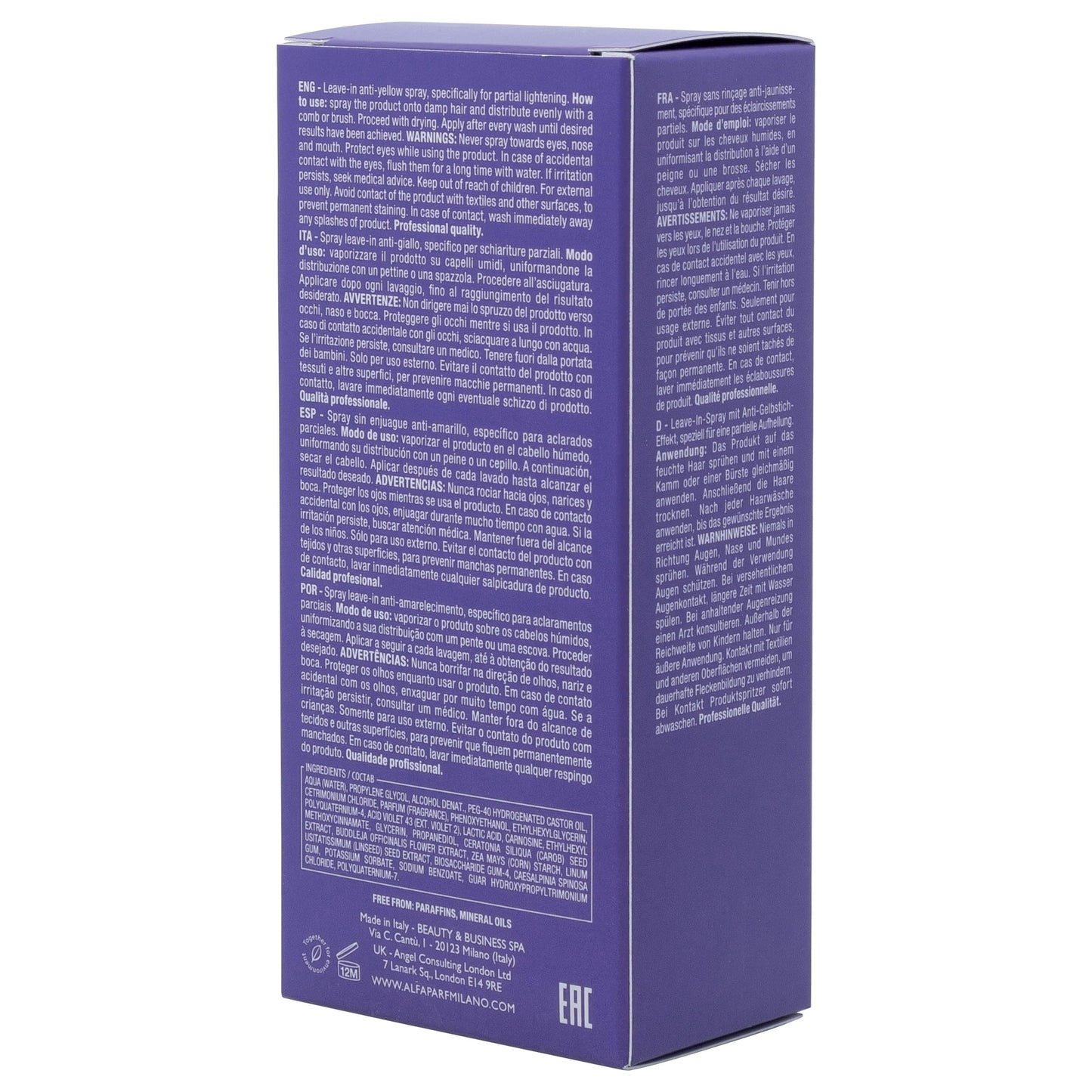 ALFAPARF MILANO Semi di Lino Blonde Anti-Yellow Spray for Blonde, Platinum and Silver Hair - Sulfate Free Lightening Spray - Removes Yellow, Brassy Tones - Detangles, Corrects Brassiness