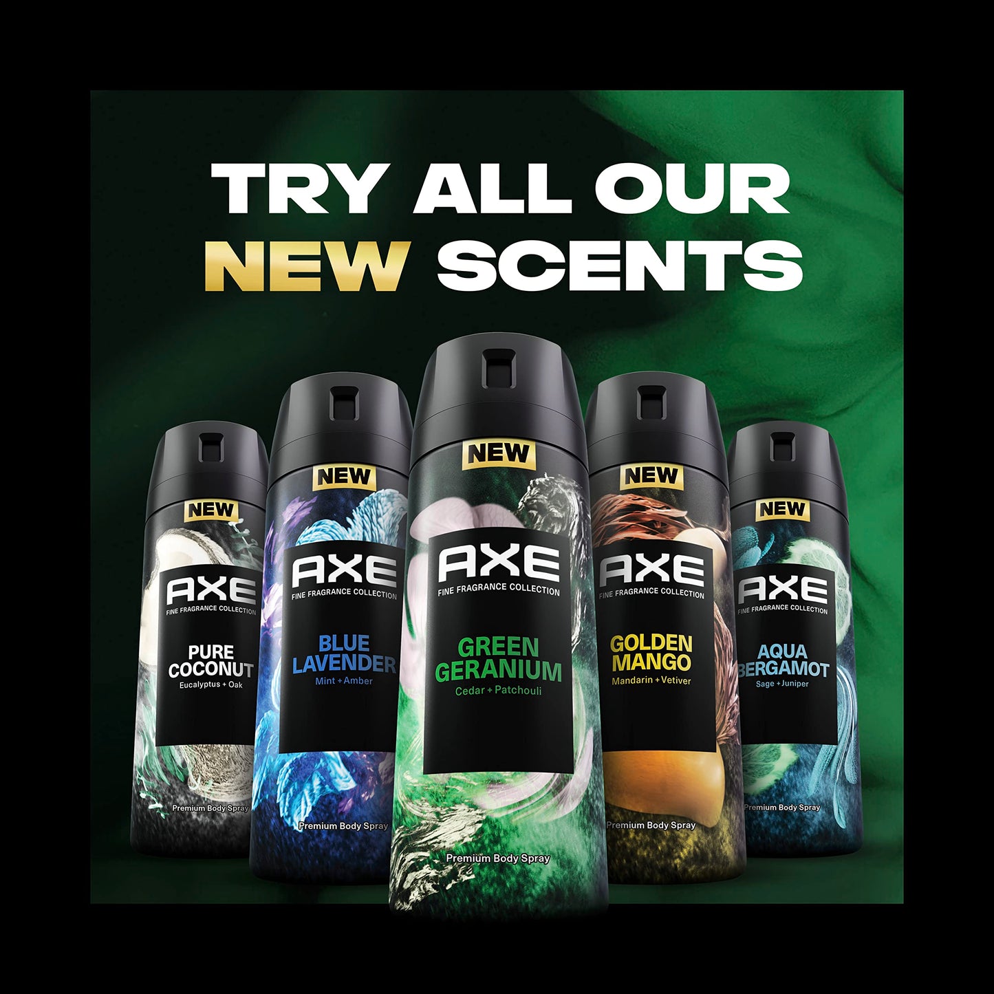 AXE Premium Deodorant Body Spray for Men Green Geranium 3 Count with 72H Odor Protection and Freshness Infused with Geranium, Cedar, and Patchouli Essential Oils 4 oz