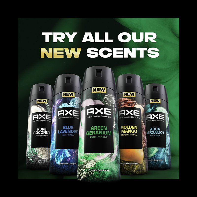 AXE Premium Deodorant Body Spray for Men Green Geranium 3 Count with 72H Odor Protection and Freshness Infused with Geranium, Cedar, and Patchouli Essential Oils 4 oz