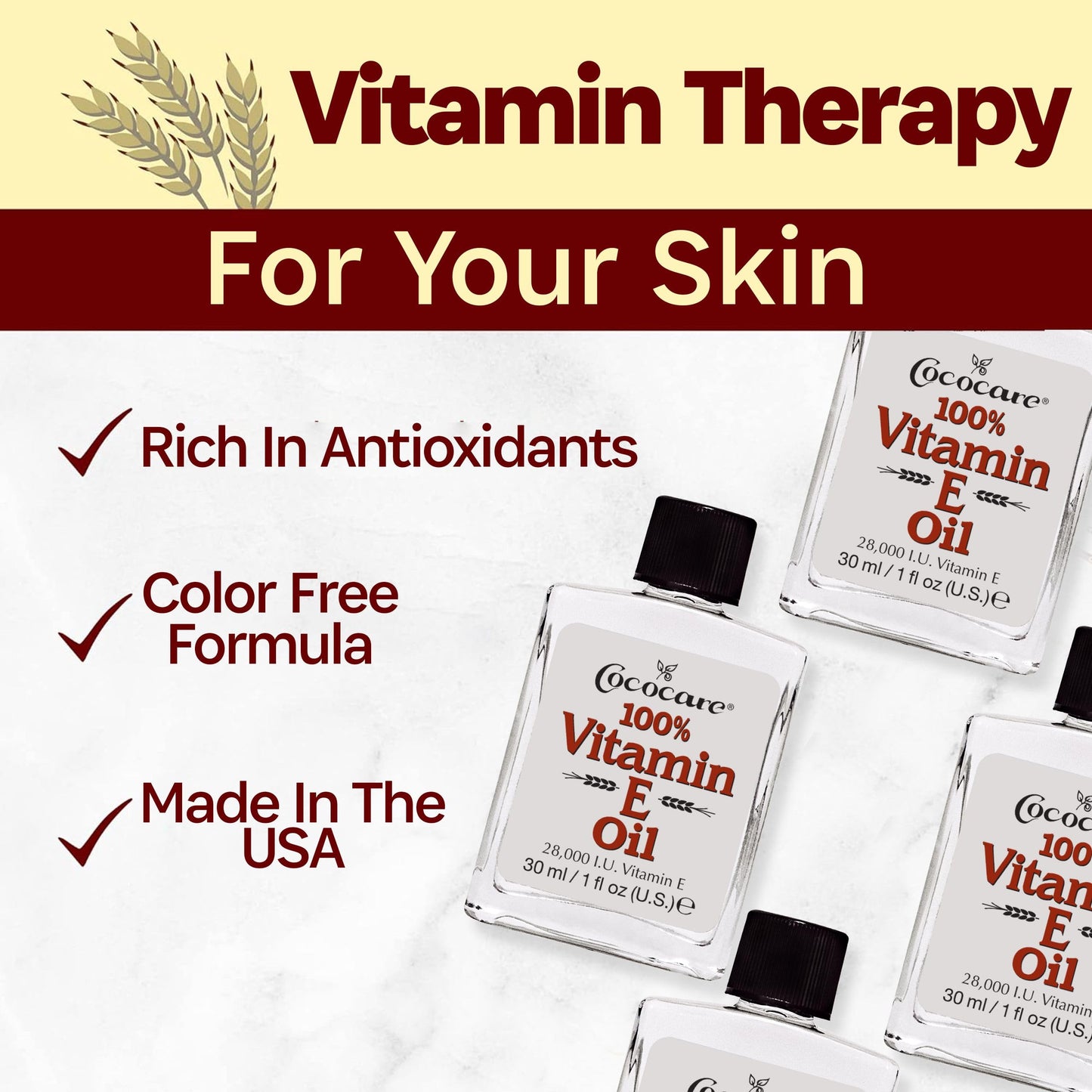 COCOCARE 100% Vitamin E Oil - Maximum Moisture for Dry Skin - 28000 I.U Wrinkle Reduction - 1 Fl Oz - 4 Pack