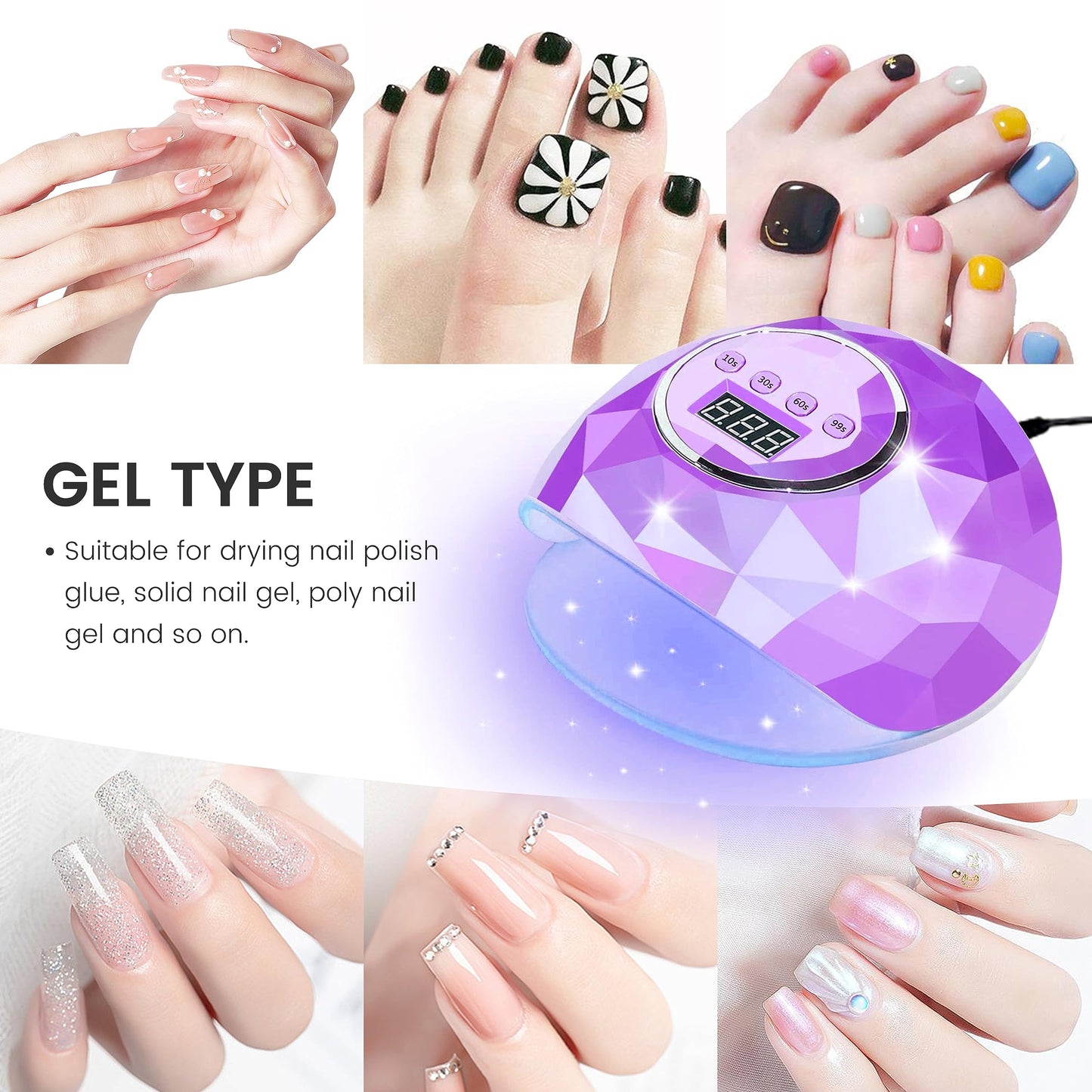 AIJIMEI Diamond Purple Nail Lamp Nail Dryer Nail Tools LED Gel Nail Lamp 86W Gel Nail Light Nail Polish Dryer for Professional and Beginner (Purple Diamond)