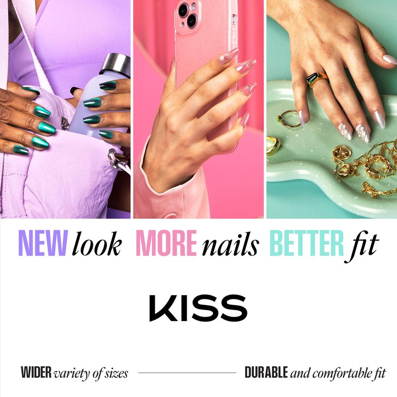 Kiss Core, Press On Nails, Nail glue included, 'Full of Fun', Black, Medium Size, Almond Shape, Includes 32 Nails, 2g Glue, 1 Manicure Stick, 1 Mini File