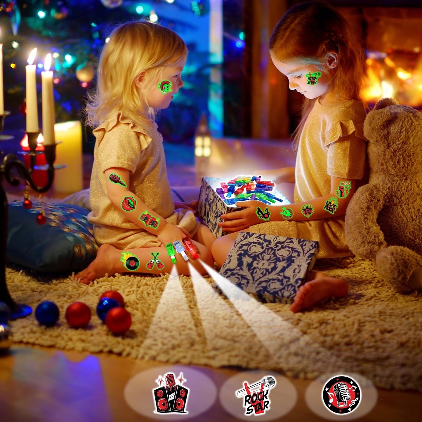 Rock Party Favors - 72 PCS LED Finger Lights & Tattoos Combo | Glow in the Dark Goodie Bag Fillers for Kids
