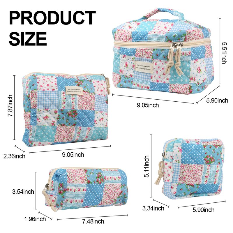 VIWIME Makeup Cosmetic Bag, Large Cotton Quilted Travel Coquette Aesthetic Cute Floral Make up Bag for Women Toiletry Bag Organizer (204- Gird Rose / 4Pcs)