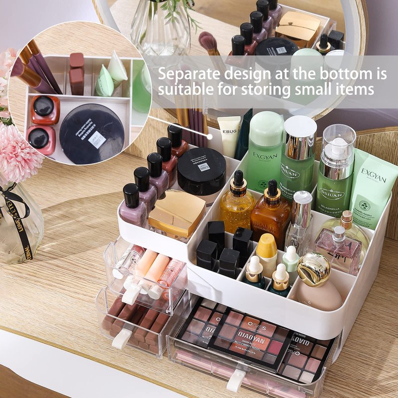 White Makeup Organizer With Drawers,Large Skincare Organizers for Countertop,Desk,Dresser,Plastic Bathroom Counter Organizer for Brush,Palettes,Perfume,Beauty Products Organization,Skin Care Storage