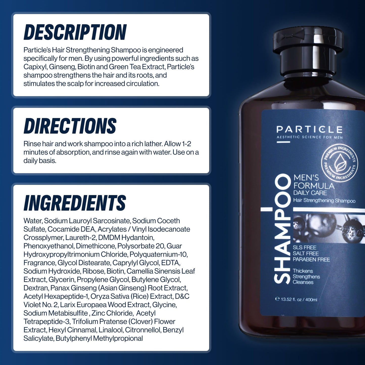 Particle Hair Thickening Shampoo for Men, Men’s Shampoo, Cleansing Formula Made with Biotin, Capixyl, Redensyl, Ginseng and Green Tea Extract for Hair Strength Support, Paraben Free, 13.52 fl.oz
