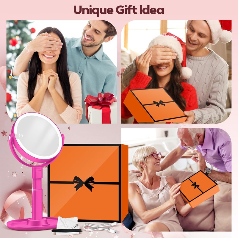 MOMOKUBA Makeup Mirror with Lights, 30X Magnifying & Height Adjustable, Lighted Magnifying Mirror with 3 Light Modes and Stepless Dimming, Vanity Mirrors for Bathroom, Birthday Gift for Women, Hotpink
