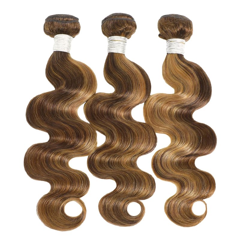 AUROO 12A Honey Blonde Highlight Body Wave Single Bundles Human Hair 10 Inch, 100% Virgin Brazilian Weaves Thick Track Brown Ombre #P4/27 Balayage Colored Human Hair Bundles Extensions Sew In Remy