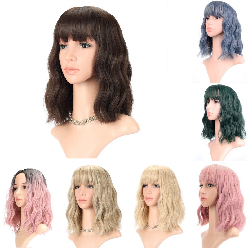 FAELBATY Blue Wigs With Air Bangs Shoulder Length Short Wave Wig For Women Curly Wavy Synthetic Cosplay Wig Blue Wig for Girl Halloween Costume Wigs (12" Dusky Blue Color)