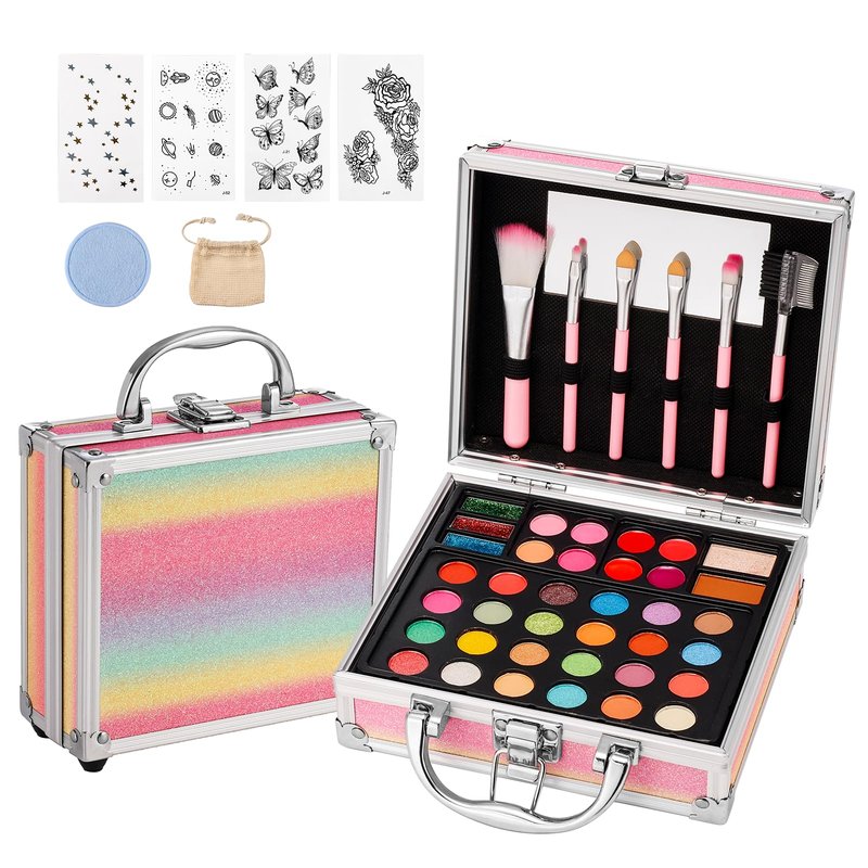 Anpro All-in-One Makeup Kit for Girls 10-12 with Case, Pro Teen Makeup Set, Tween Makeup Kit, Full Starter Make Up Kit with Brushes, Eyeshadow Palette, Blushes, Glitter Gel, Temporary Tattoo Stickers