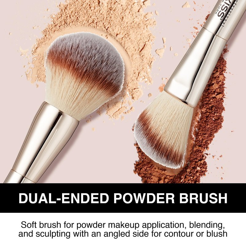 Kiss New York Soft Matte Pressed Powder (Sun Beige) With Dual Ended Powder Brush Set, Blurring Poreless Face Powder Makeup, Medium Coverage Setting Powder Infused with Salicylic Acid & Niacinamide