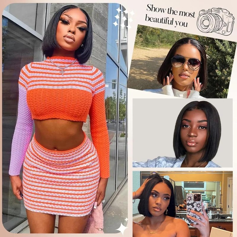 Keytac Bob Wig Human Hair Glueless Wear and Go Pre Plucked Pre Cut Straight Short Bob Lace Front Wigs for Women 5x5 Hd Lace Closure Wig 12 Inch Brazilian Virgin Hair 180% Density Natural Black
