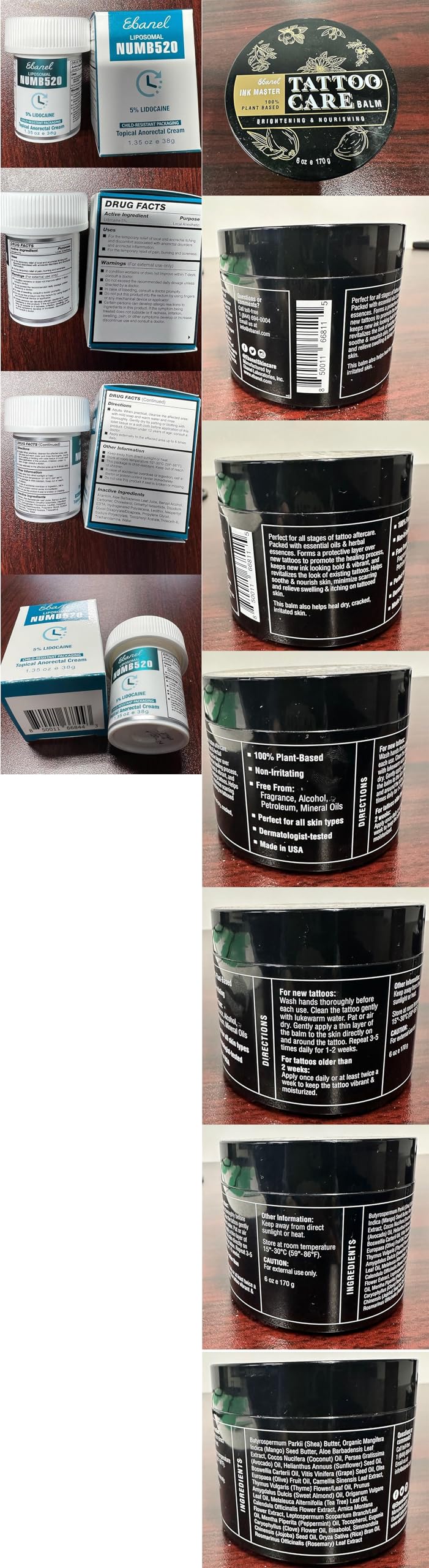 Ebanel Set of 5% Lidocaine Numbing Cream and Tattoo Balm, Numb520 Topical Anesthetic Pain Relief Burn Itch Cream, and Premium Tattoo Aftercare Butter Brightener Ink Color Enhancing Ointment 6Oz