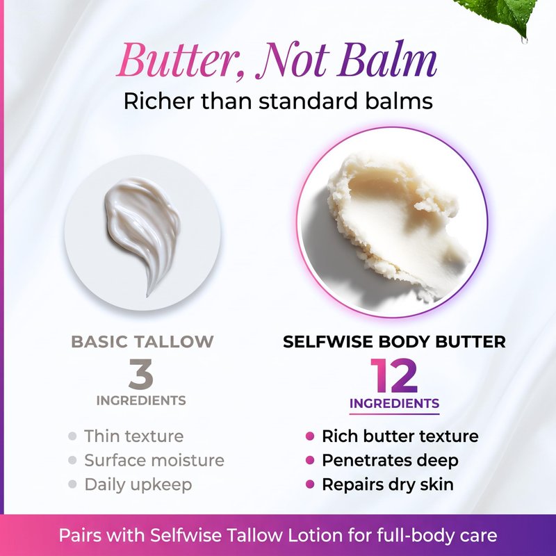 SELFWISE Beef Tallow Body Butter Cream - Grass-Fed Whipped Balm with Honey, Shea Butter, Castor Oil & Calendula - Non-Greasy, Long Lasting Hydration - for Extra Dry and Sensitive Skin.