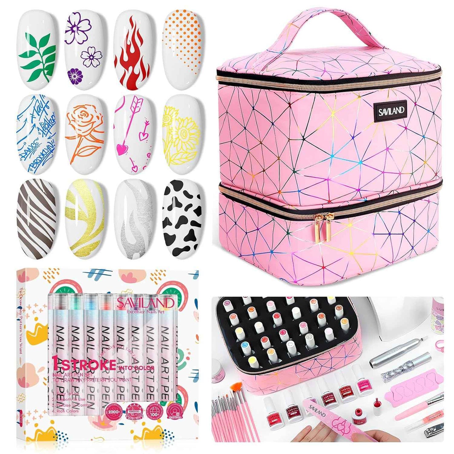 Nail Art Supplies Kit with 12 Color Nail Polish Pens & PU Leather Organizer Bag - Includes Nail Lamp & Manicure Tools
