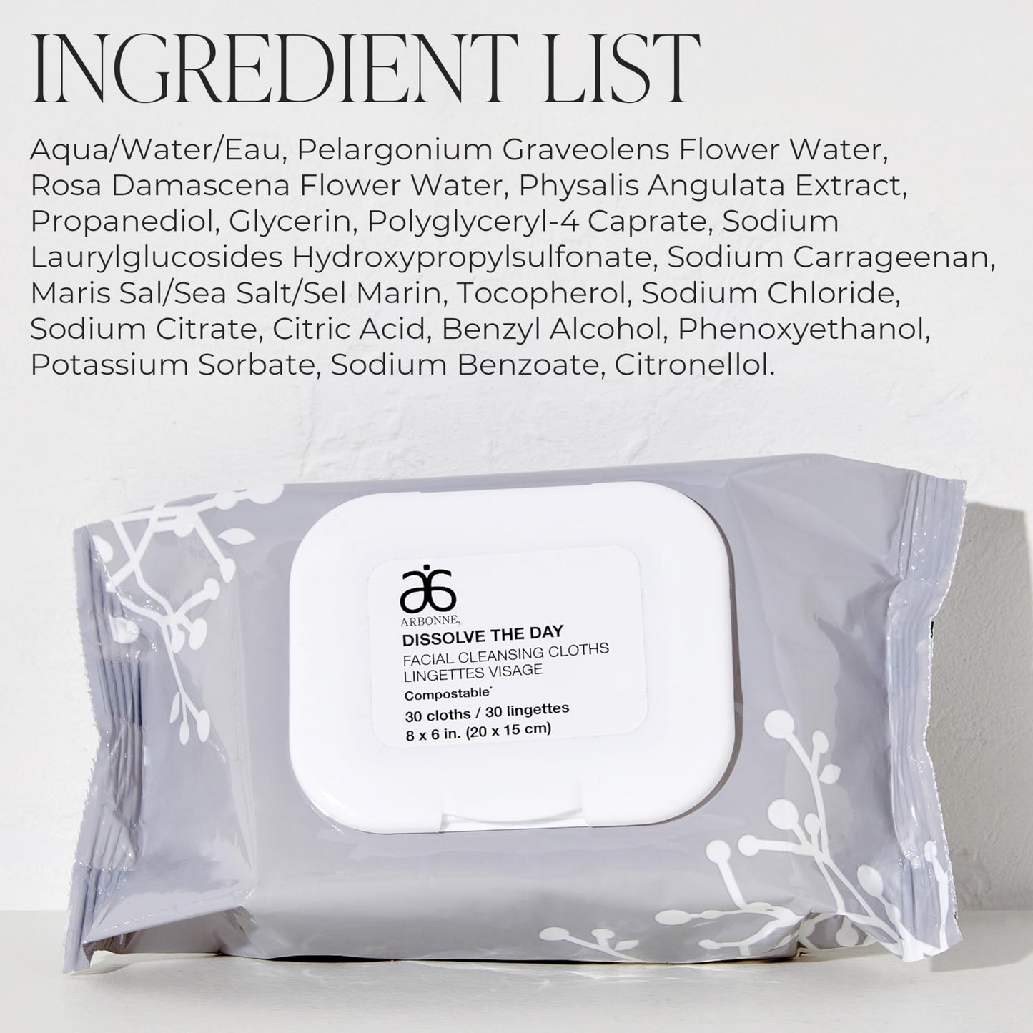 Arbonne Makeup Remover Wipes - Dissolve the Day Facial Cleansing Makeup Wipes for Women, Gentle Cleansing Towelette for Face, Removes Dirt and Sweat