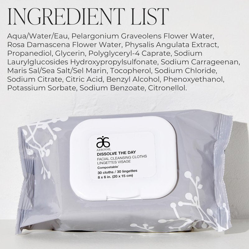 Arbonne Makeup Remover Wipes - Dissolve the Day Facial Cleansing Makeup Wipes for Women, Gentle Cleansing Towelette for Face, Removes Dirt and Sweat