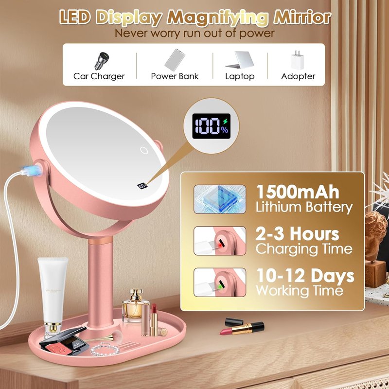 Makeup Mirror with Lights - 30X/1X Magnifying, Height Adjustable | Detachable Travel Vanity Mirror in Rose Gold