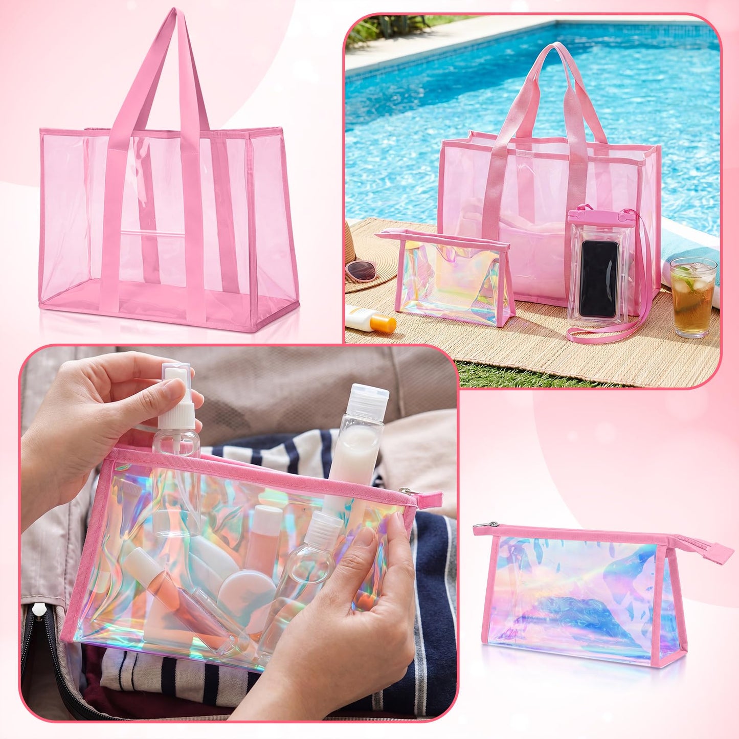 Yoojahow 3 Pcs Waterproof Beach Bags Women Clear Iridescent Tote Bag Cosmetic Pouch for Phone Travel Beach Pool Essentials