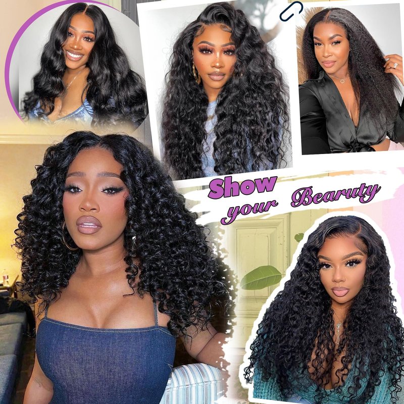 DEYNGS Synthetic Half Wig, Long Water Wave 3 In 1 Black Half Wigs For Black Women, Seamless Flip Over Glueless Beginner Friendly Deep Wavy Curly Wigs Drawstring Headband Wig for Daily Use