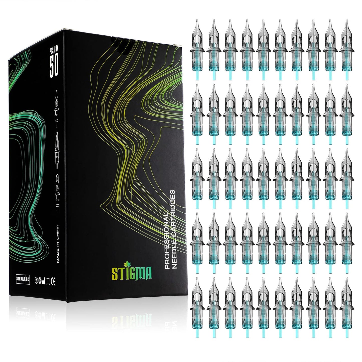 STIGMA Aquamarine Knight Tattoo Cartridge Needles #10(15RM) 50Pcs 0.3mm Bugpin Disposable Tattoo Needles Cartridges with Membrane Curved/Round Magnum EN02B-50-OF1015RM