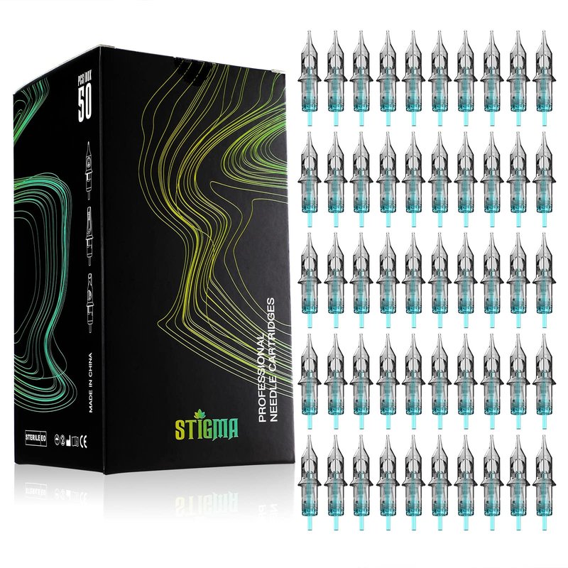STIGMA Aquamarine Knight Tattoo Cartridge Needles #10(15RM) 50Pcs 0.3mm Bugpin Disposable Tattoo Needles Cartridges with Membrane Curved/Round Magnum EN02B-50-OF1015RM