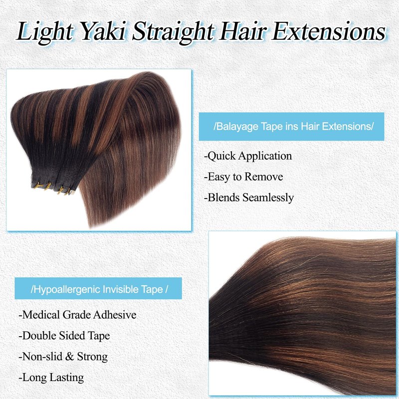 Yaki Straight Human Hair Tape in Extensions, 18 Inch Light Yaki Invisible Tape in Real Human Hair Extensions Natural Black with Chocolate Brown Highlight Seamless Brazilian Remy Extension 50G 20PCS