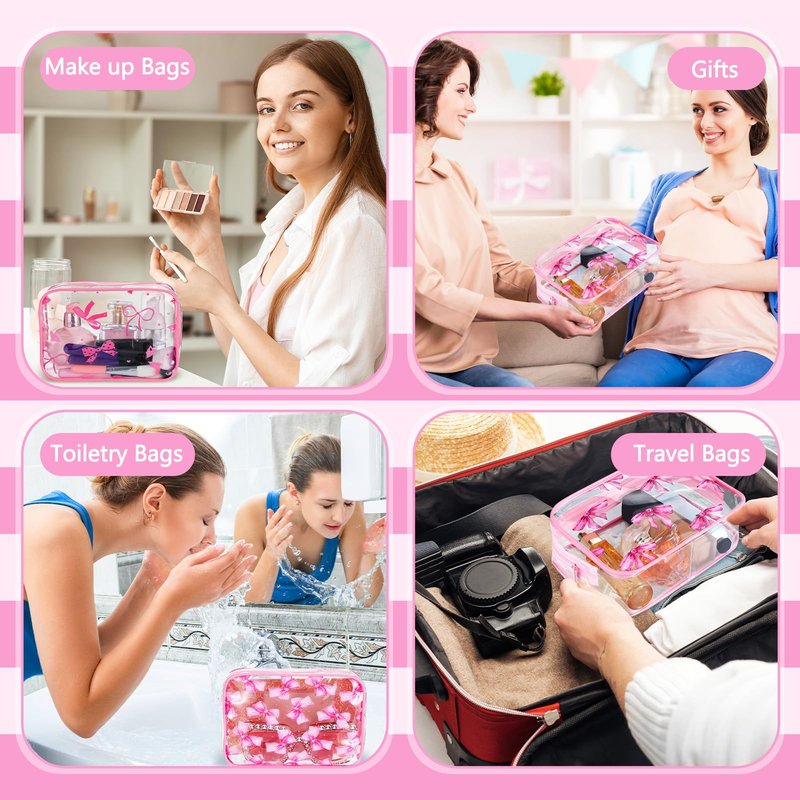 Kacctyen 8 Pcs Pink Bow Makeup Bag Coquette Party Favors Clear Preppy PVC Cosmetic Bags Aesthetic Waterproof Travel Toiletry Zipper Pouch for Women Girls Wedding Bachelorette Gifts