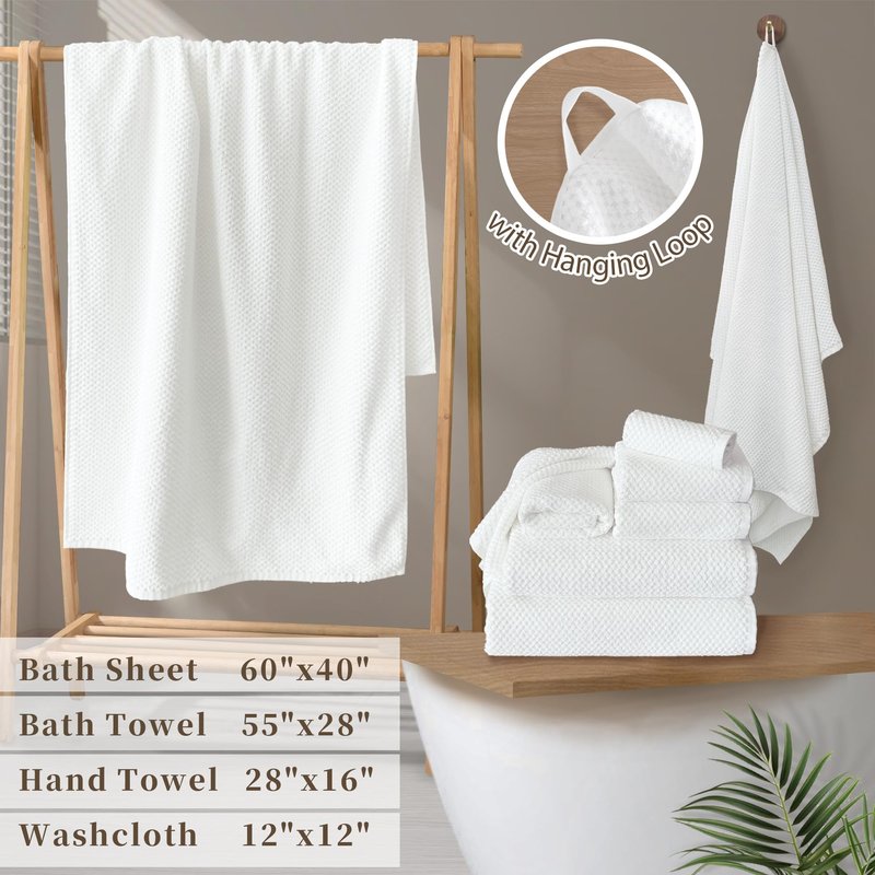 VOOVA & MOVAS Off-White Washcloths (6PC, 12"x12") - 100% Cotton | Thick | Quick Dry | Absorbent, Towels for Face, Fluffy Wash Cloths for Bathroom, Popcorn Weave Washcloths, Off-White