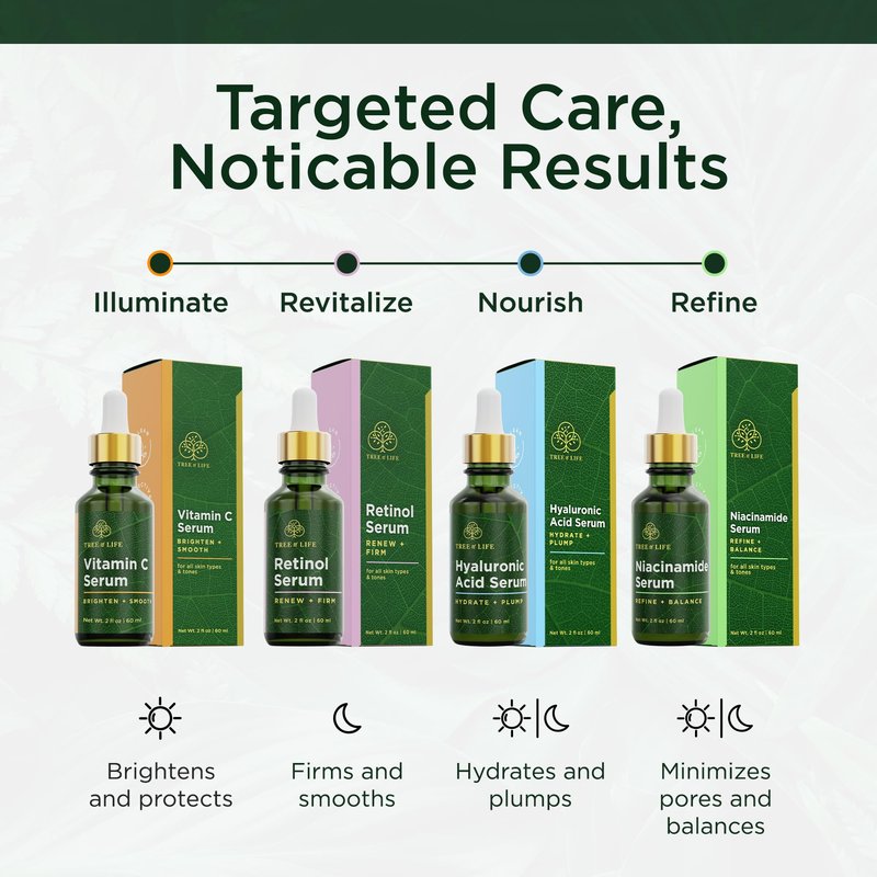 Tree of Life Face Serum Set - Vitamin C, Retinol & Hyaluronic Acid for Brightening, Firming & Hydrating - Anti Aging Skin Care Set - Dermatologist Tested - 1 Fl Oz (Pack of 3)