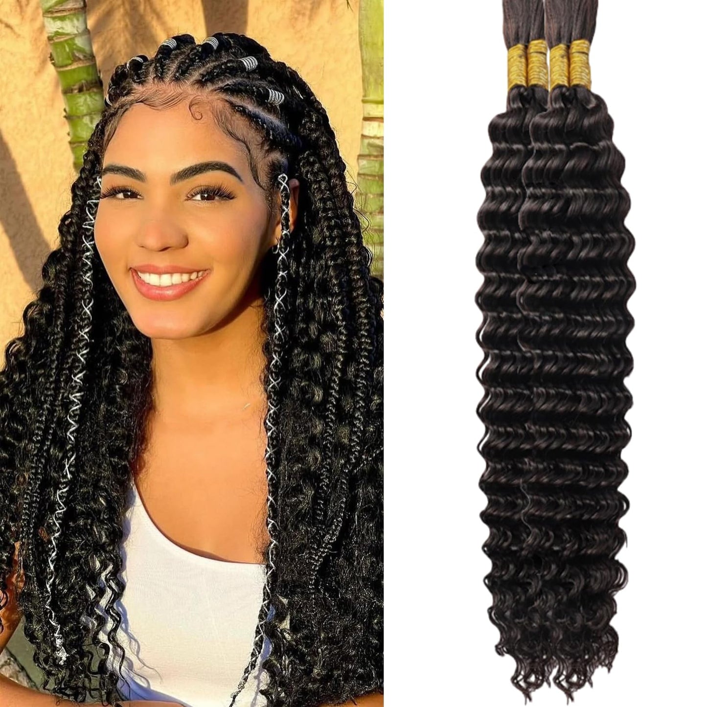 Human Braiding Hair for Boho Braids Deep Wave Bulk Human Hair 100g 24 Inch Curly Human Hair Extensions for Boho Braids Wet and Wavy Human Hair 4 Bundles/Pack Natural Color