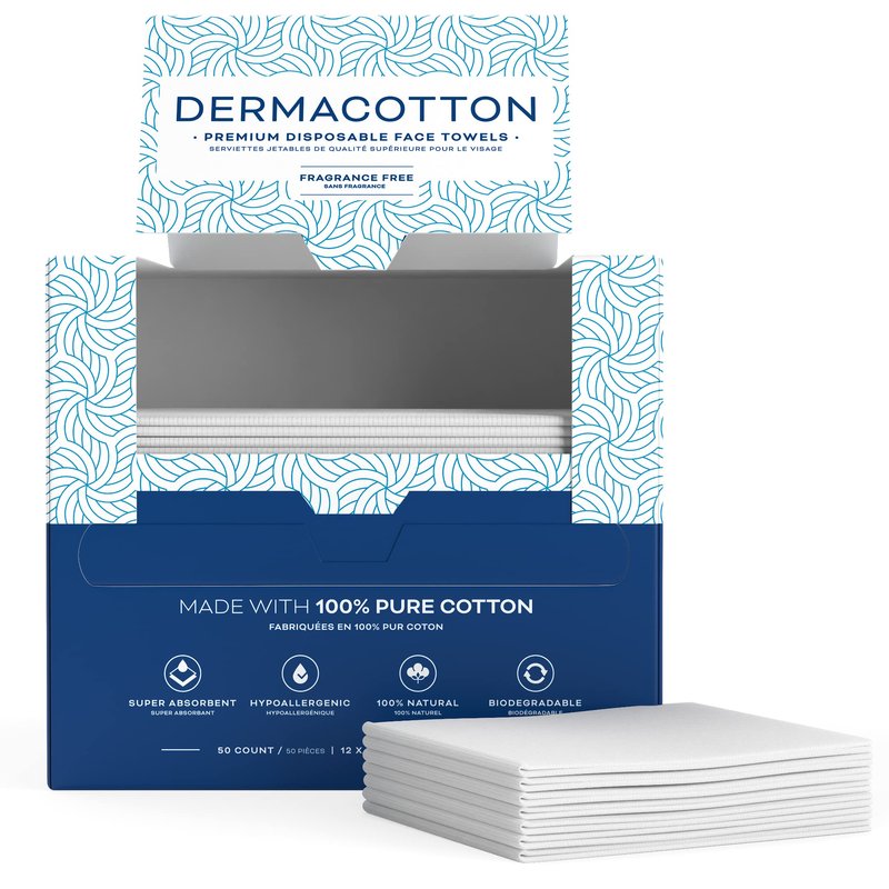 DERMACOTTON X-Large Cotton Disposable Face Towels – 100 Count Extra Large Disposable Wash Cloths for Face Washing, Makeup Removal & Acne Care | Ultra Soft, Hypoallergenic & Fragrance-Free
