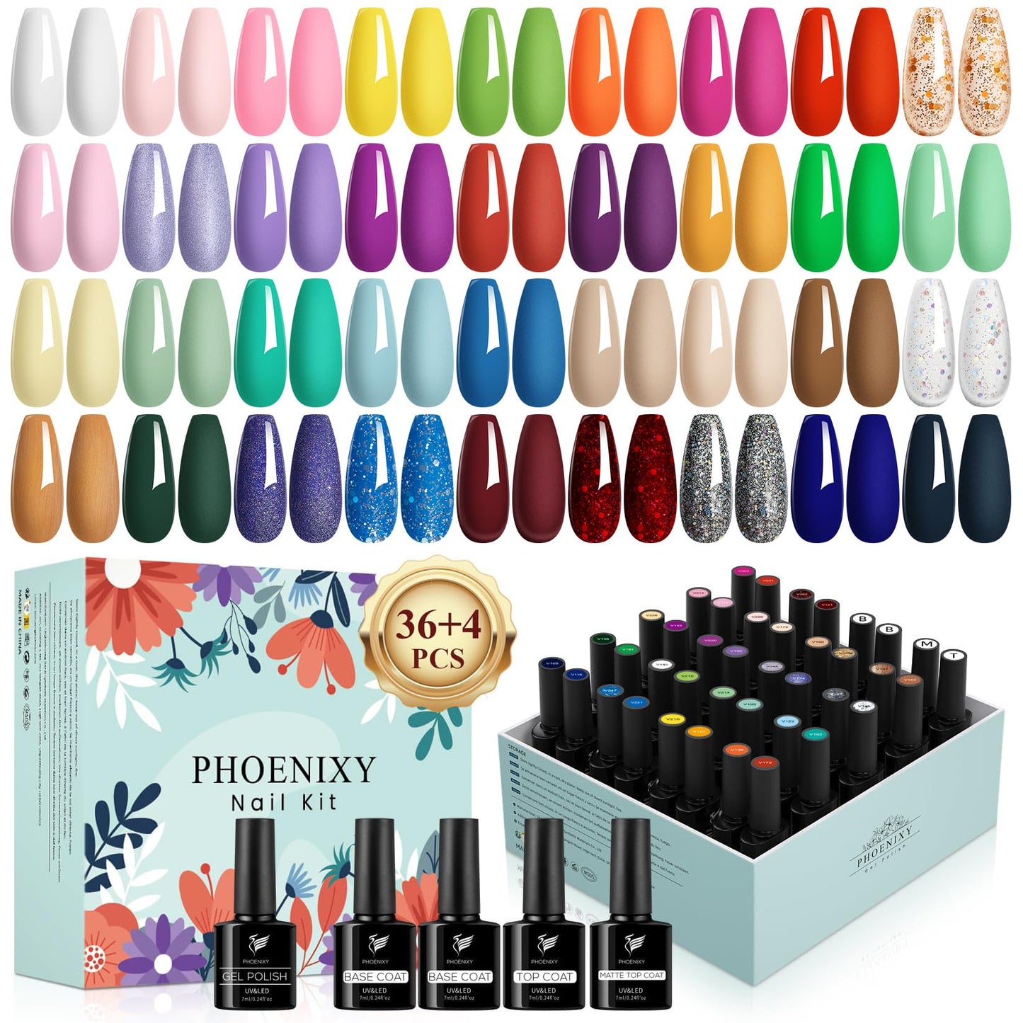phoenixy Gel Nail Polish, 36 Colors Gel Polish Set with 4 Pcs Base Matte Glossy Top Coat Gel Polish Kit Soak Off UV Gel Nail Polish Set Manicure at Home Gift for Women (PCE9009)