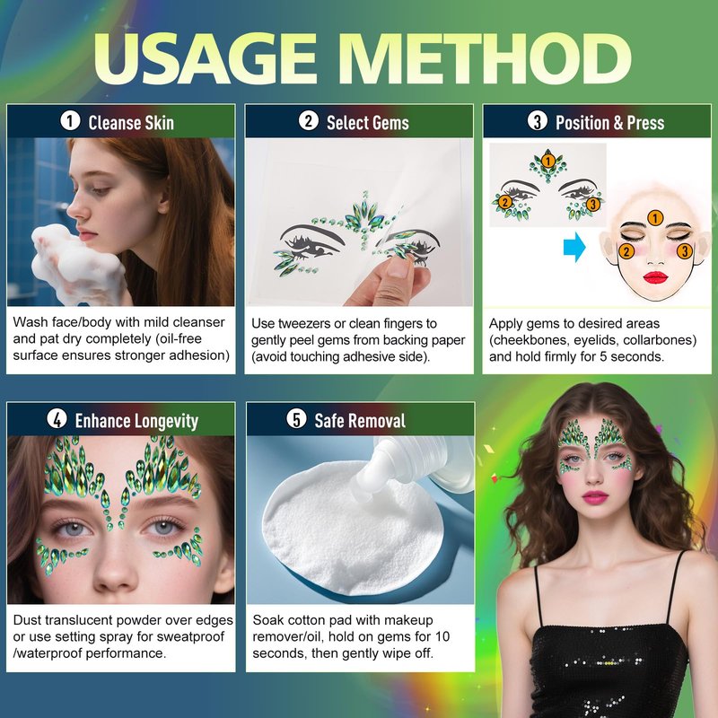 4-Pack Green Face Gems Tattoo,Tears Jewels Temporary Tattoos Stickers for Halloween Festival Music Carnival Party Makeup