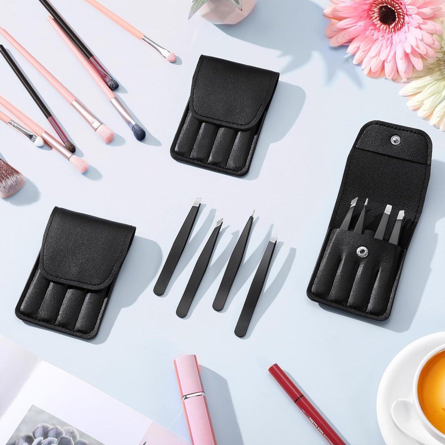 Lasnten 12 Sets Eyebrow Tweezers Set and Curved Scissors, 4 in 1 Professional Stainless Steel Tweezers for Women and Men, Splinter and Ingrown Hair Removal with Travel Case(Black)