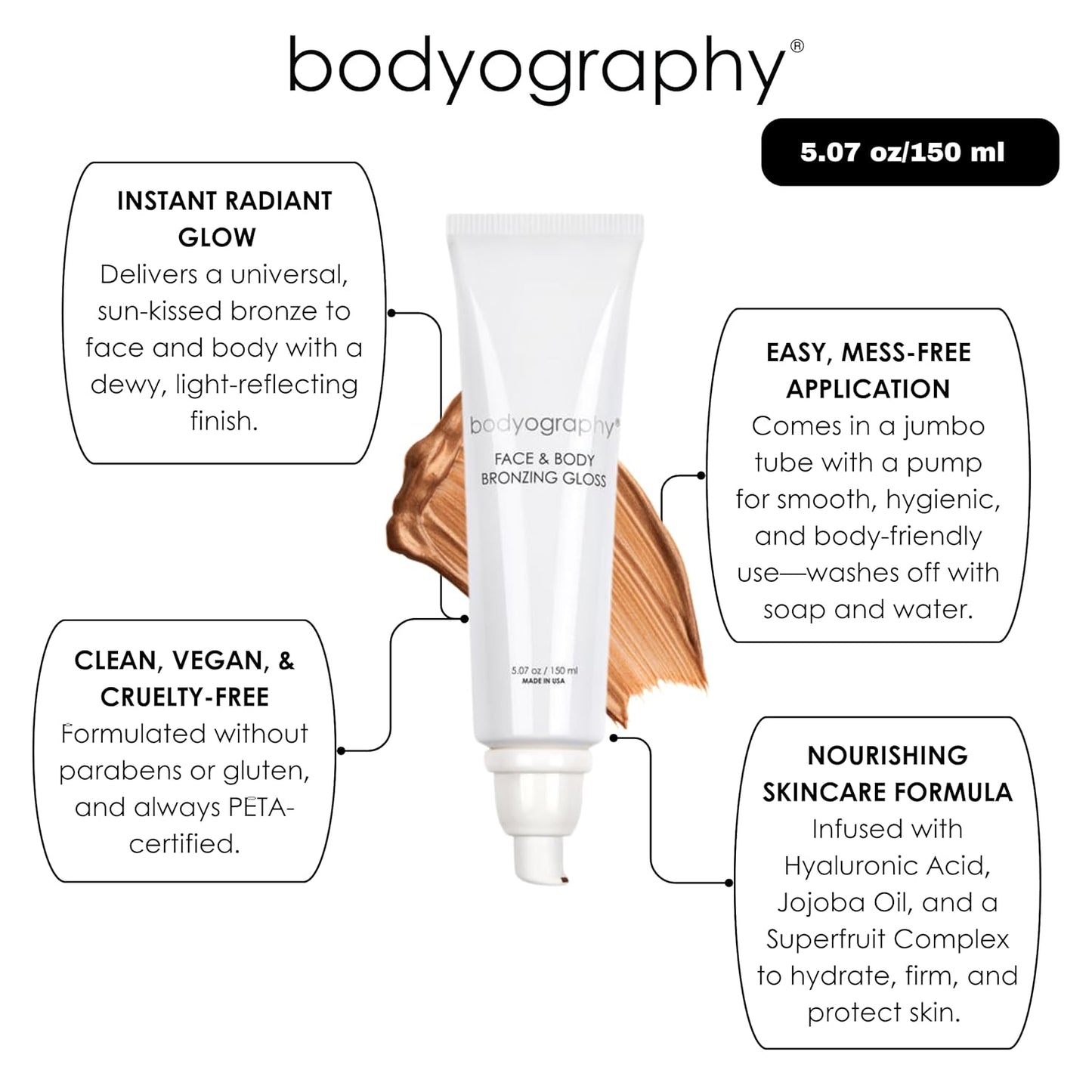 Bodyography Bronzing Gloss for Women - Hydrating Glow with Jojoba Oil & Hyaluronic Acid | 1.69 oz, Vegan Shimmer Finish
